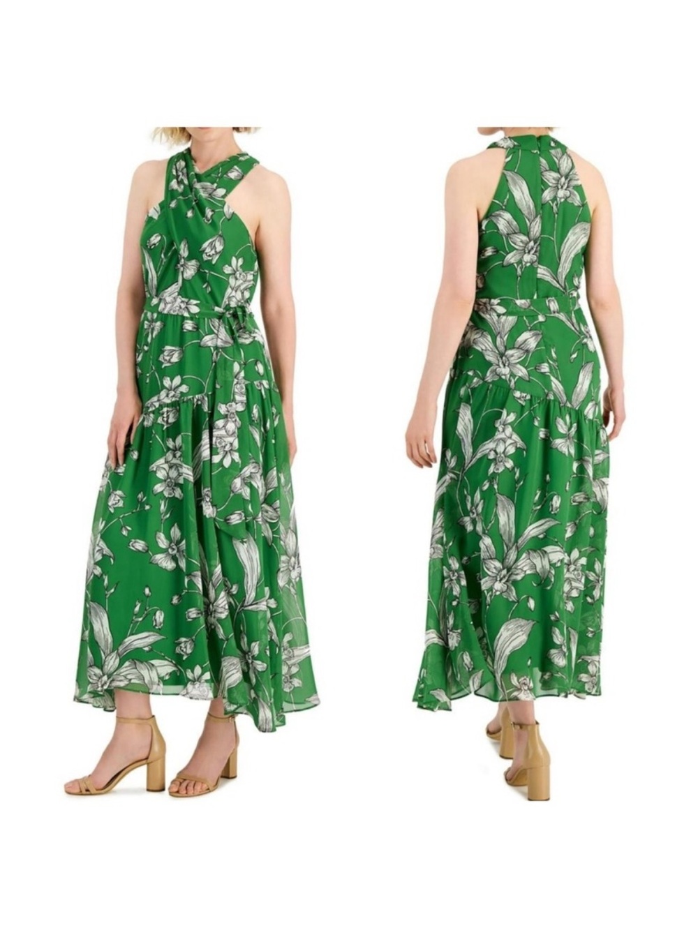 Taylor green tropical print halter midi dress